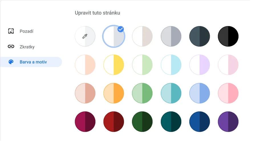 Okno nastavení prohlížeče Chrome s dialogovým oknem Barva a motiv.