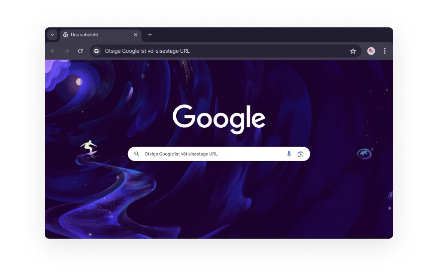 Abstraktne Chrome’i kasutajaliides, mida ümbritsevad brauserilaienduste kategooriaid tähistavad ikoonid. Ikoonid tähistavad jaotisi Ostlemine, Meelelahutus, Tööriistad, Kunst ja disain ning Juurdepääsetavus.