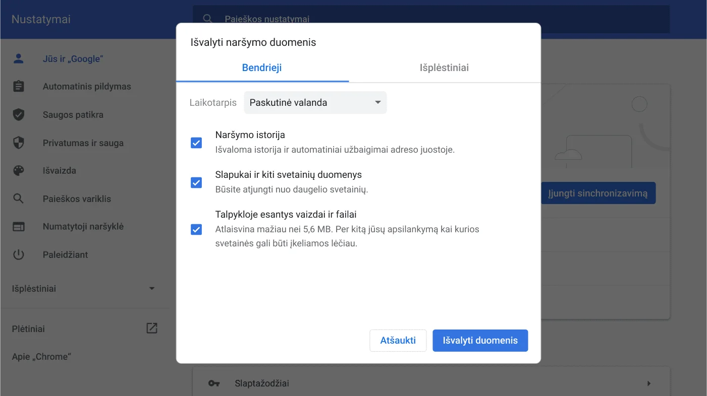 „Chrome“ naršyklės nustatymų langas, kuriame rodomas „Naršymo duomenų valymo“ parinkčių meniu.