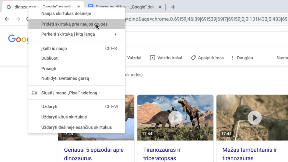 „Chrome“ naršyklės langas su dialogo langu, kuriame rodoma kuriama nauja skirtukų grupė.