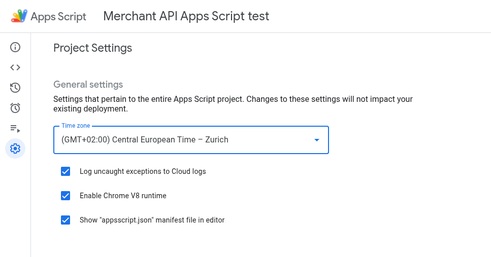 הגדרות פרויקט Apps Script שמוצגת בהן האפשרות 'הצגת קובץ המניפסט appsscript.json בעורך'.