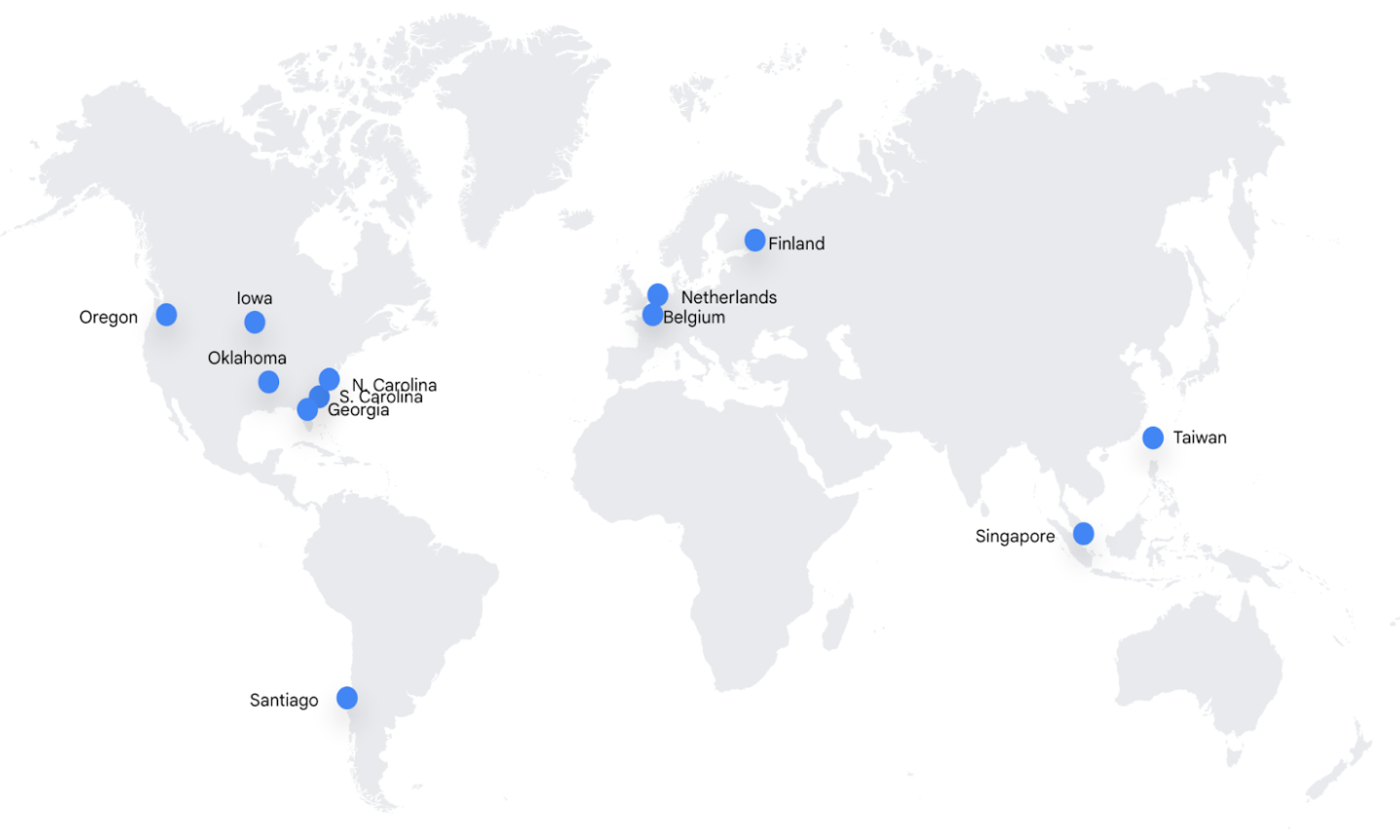 Mappa del mondo che mostra le posizioni dei data center come punti blu