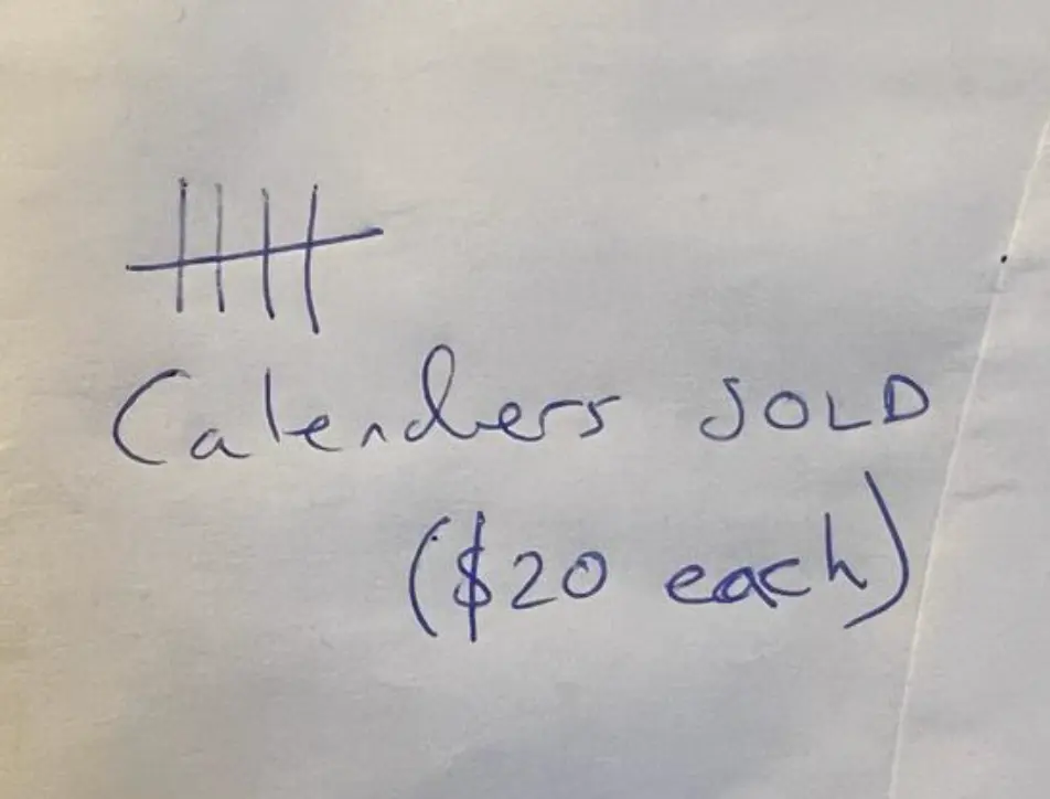 عکسی از یک تکه کاغذ با عدد 5 و عبارت: Calendars SOLD (هر کدام 20 دلار). alt_text