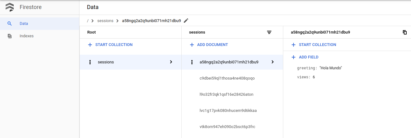 Google Cloud 콘솔의 Firestore 세션