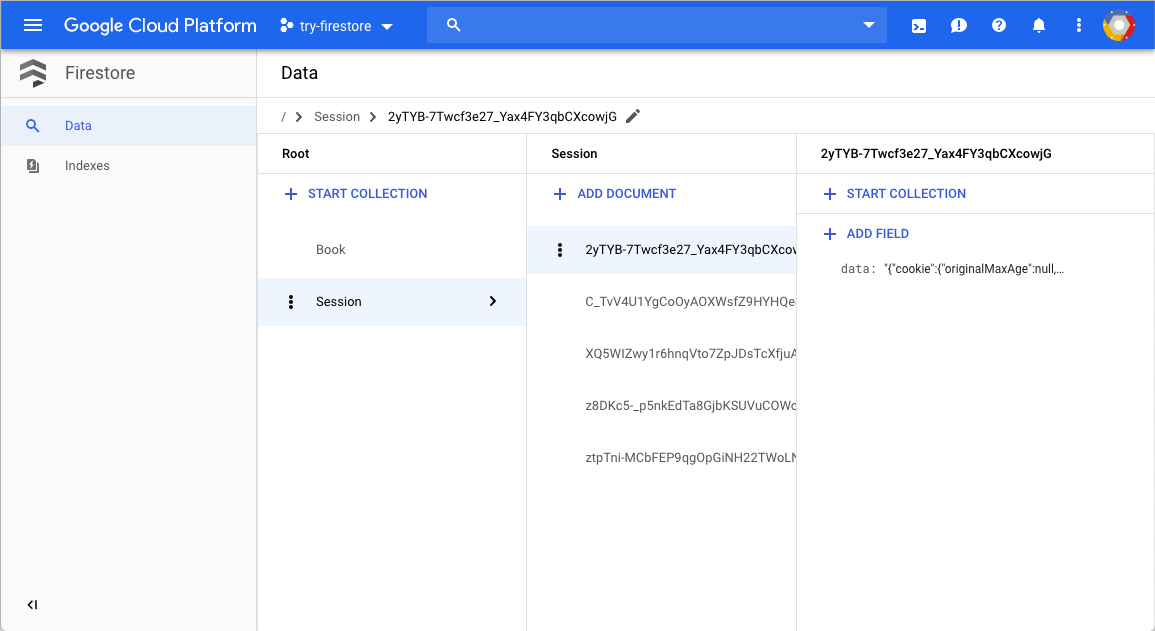 Sessioni Firestore nella console Google Cloud .