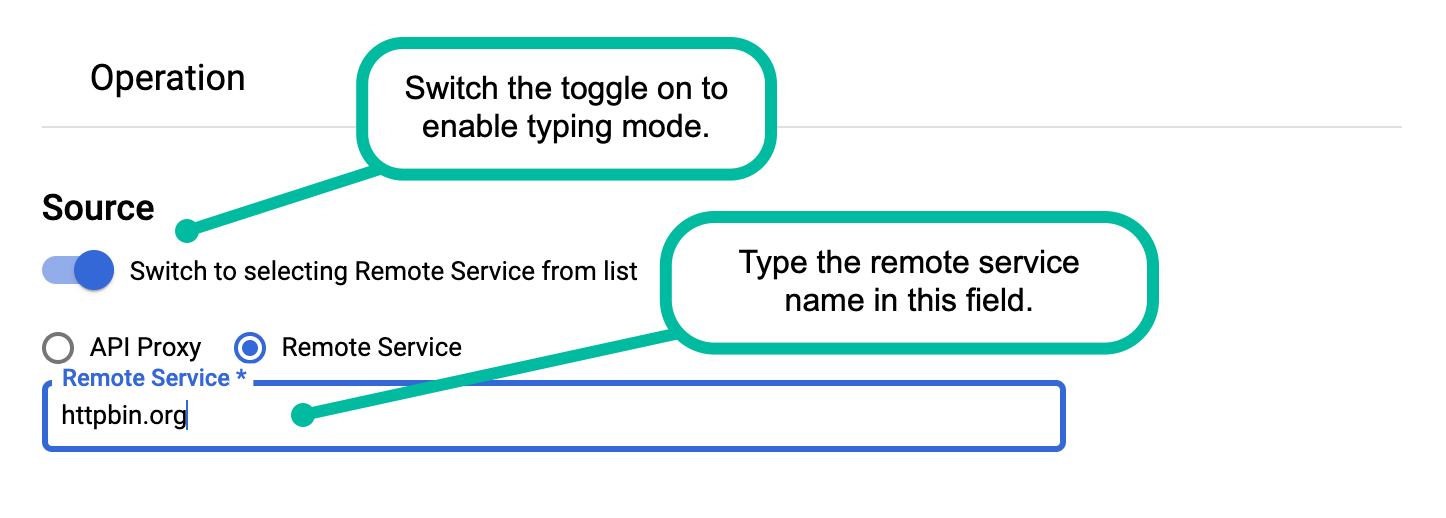 O botão de opção Serviço remoto está selecionado, a ativação da introdução de texto manual está ativada e o serviço remoto httpbin.org é introduzido no campo Serviço remoto.