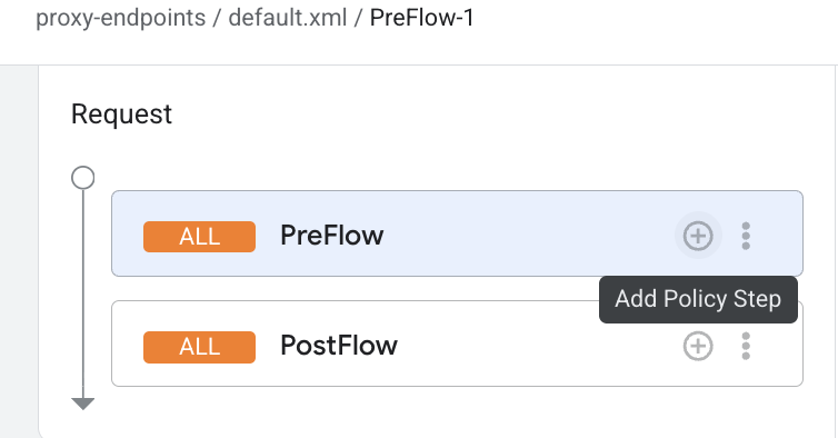 בוחרים באפשרות PreFlow (לפני הזרימה) עבור נקודת קצה שמופיעה בקטע Proxy Endpoints (נקודות קצה של שרת proxy).