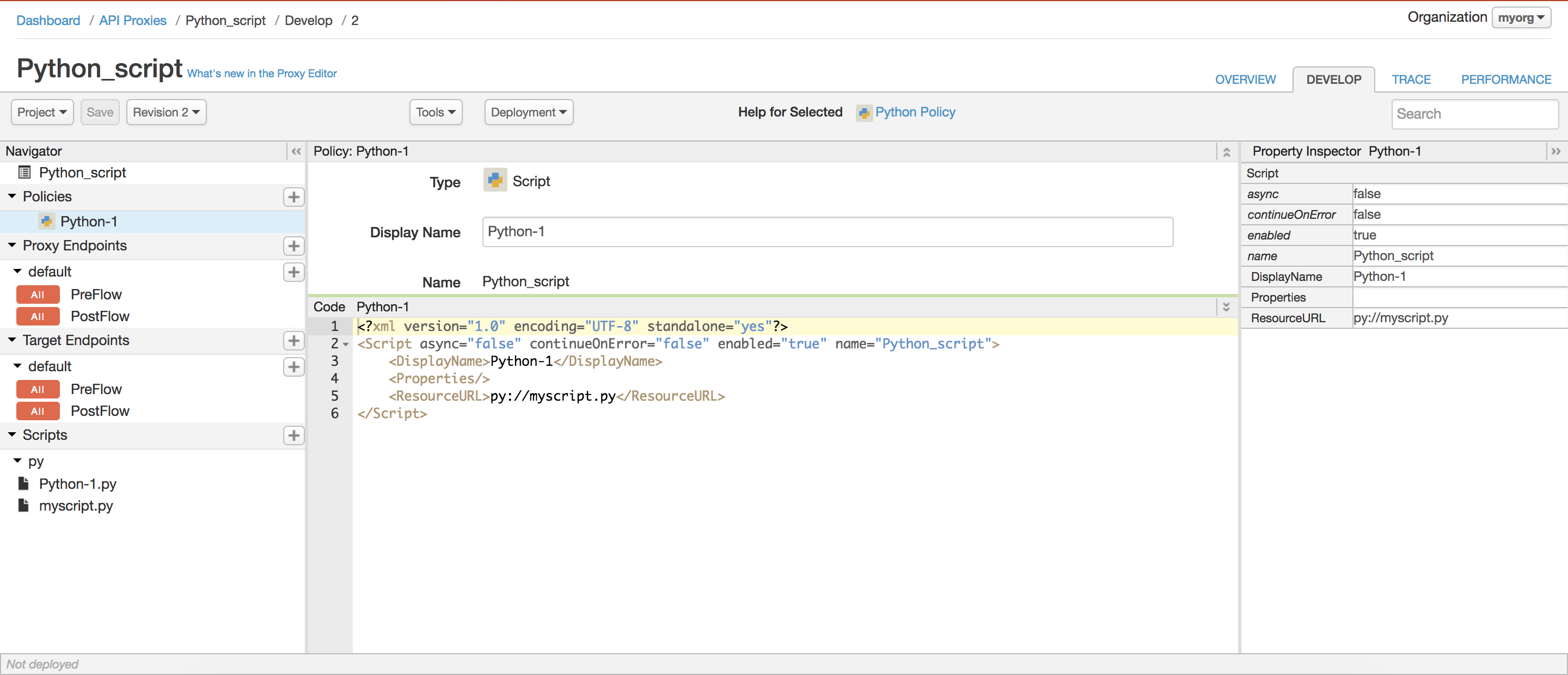 API Proxy 編輯器導覽窗格的「Scripts」部分。