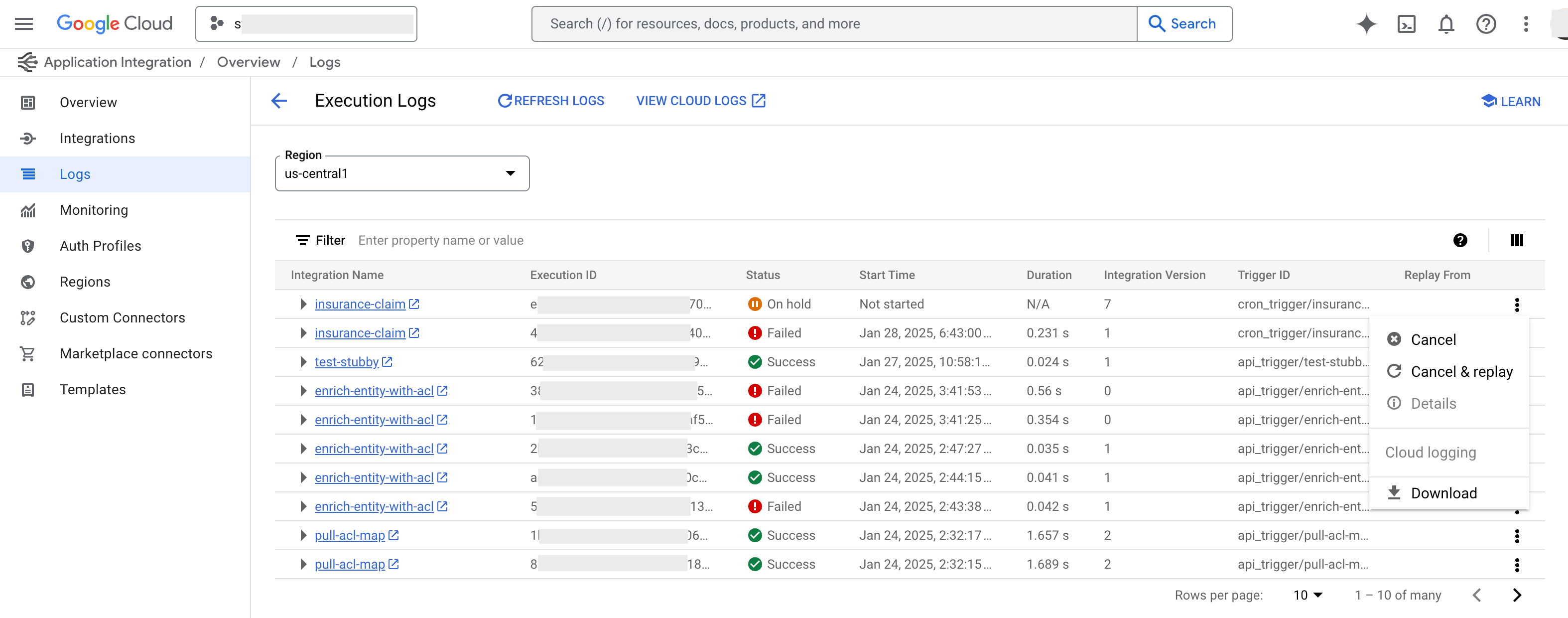 תמונה שמציגה את הדף Application Integration Execution Logs (יומני ביצוע של שילוב אפליקציות)