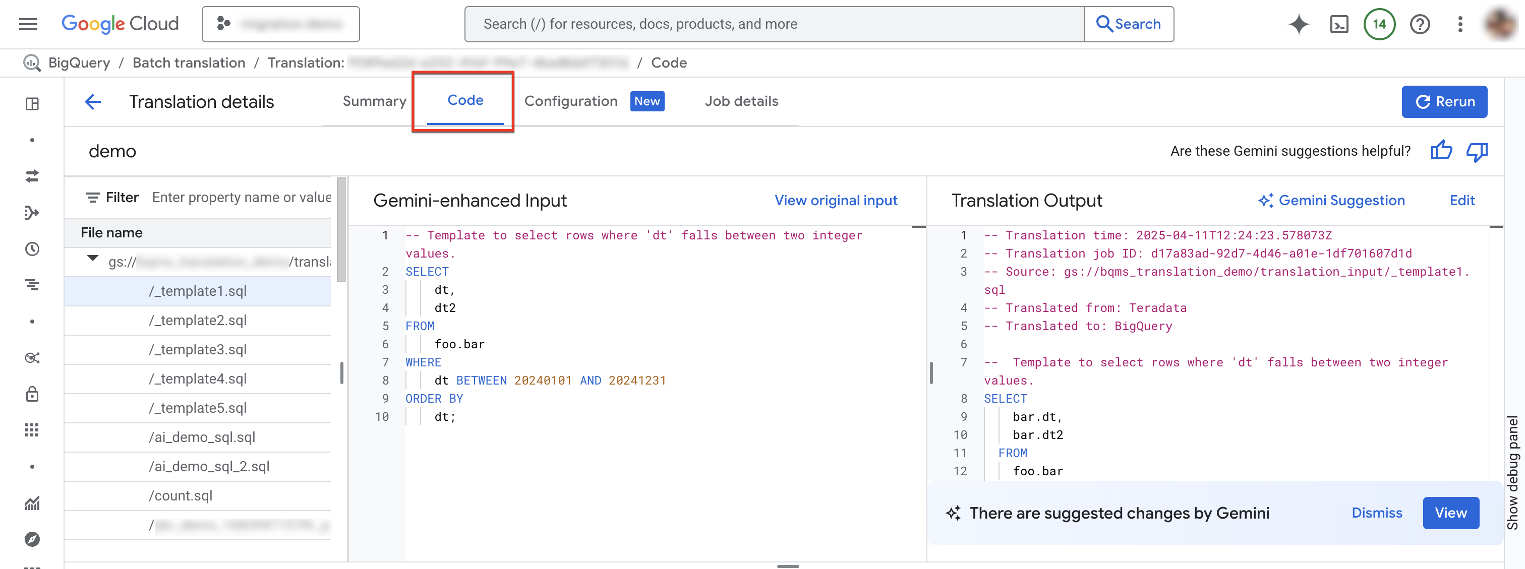 Consulta la pestaña de código en la página de traducción de SQL.