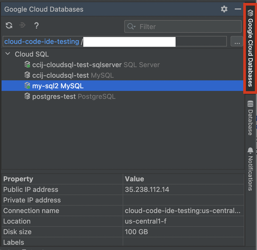 Ventana de herramientas de Cloud SQL