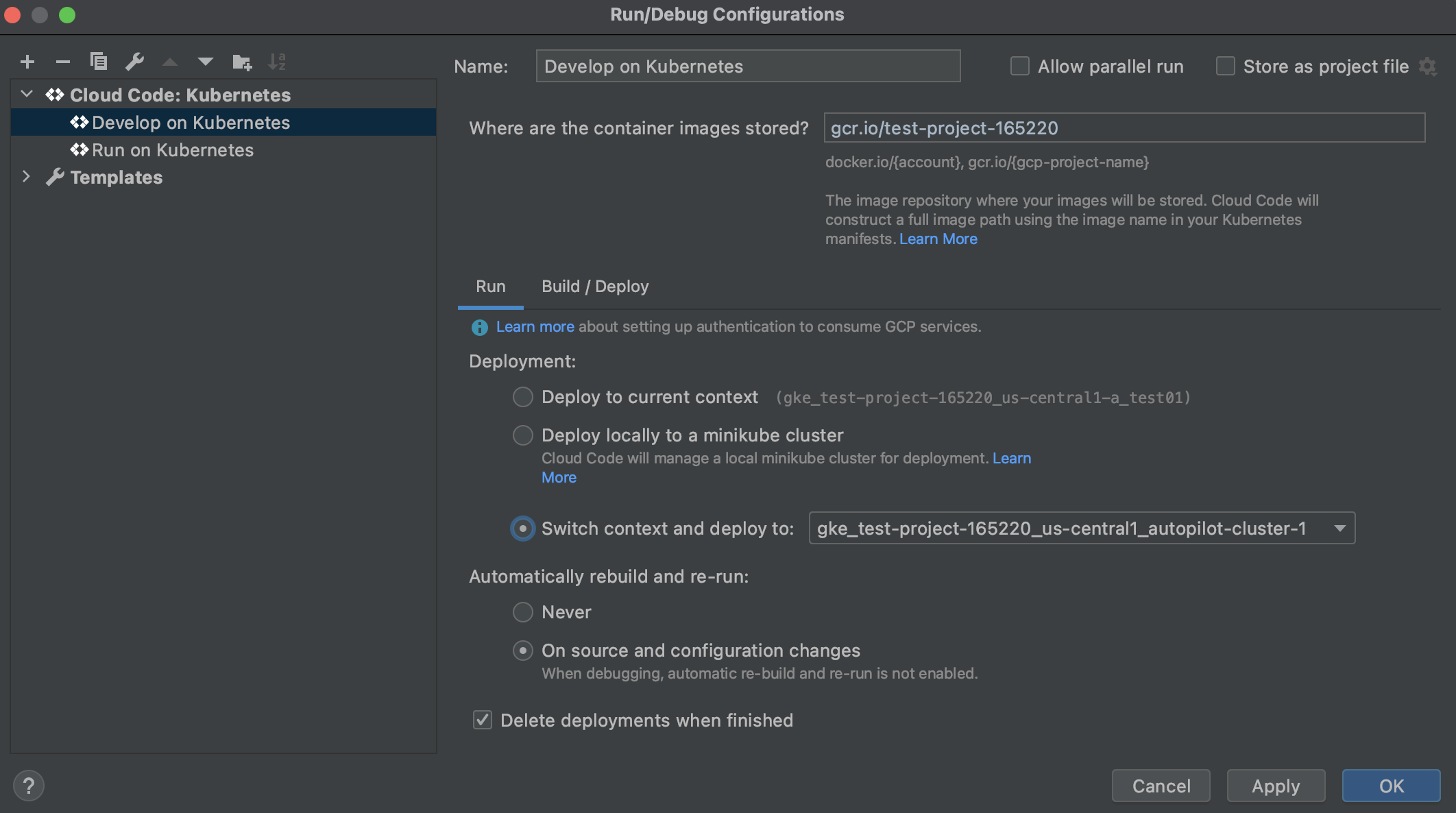 Sélectionner le contexte de déploiement Kubernetes dans une configuration d'exécution Cloud Code