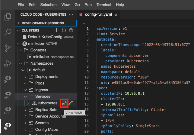 YAML do serviço do Kubernetes aberto usando o ícone "Ver YAML"