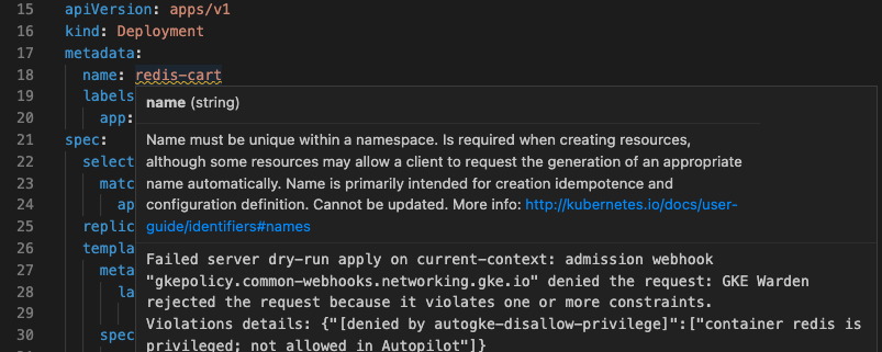 A validação de teste de execução do lado do servidor falha em `hello.deployment.yaml` com uma mensagem de erro apresentada como uma notificação rápida. Os detalhes do erro encontram-se no canal de saída; o espaço de nomes "random-namespace" não existe