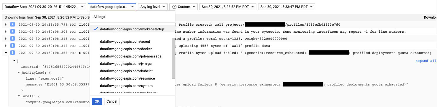 דף שבו מוצגים היומנים של Cloud Profiler עם תפריט פתוח שמדגיש את נתיב הניווט: dataflow.googleapis.com/worker-startup.