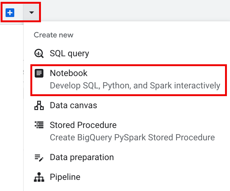 Capture d'écran montrant l'interface BigQuery avec le bouton "+" permettant de créer un notebook.