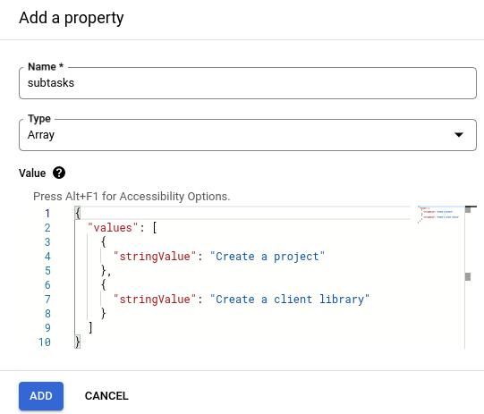 Un esempio di JSON valido per una proprietà di array.
