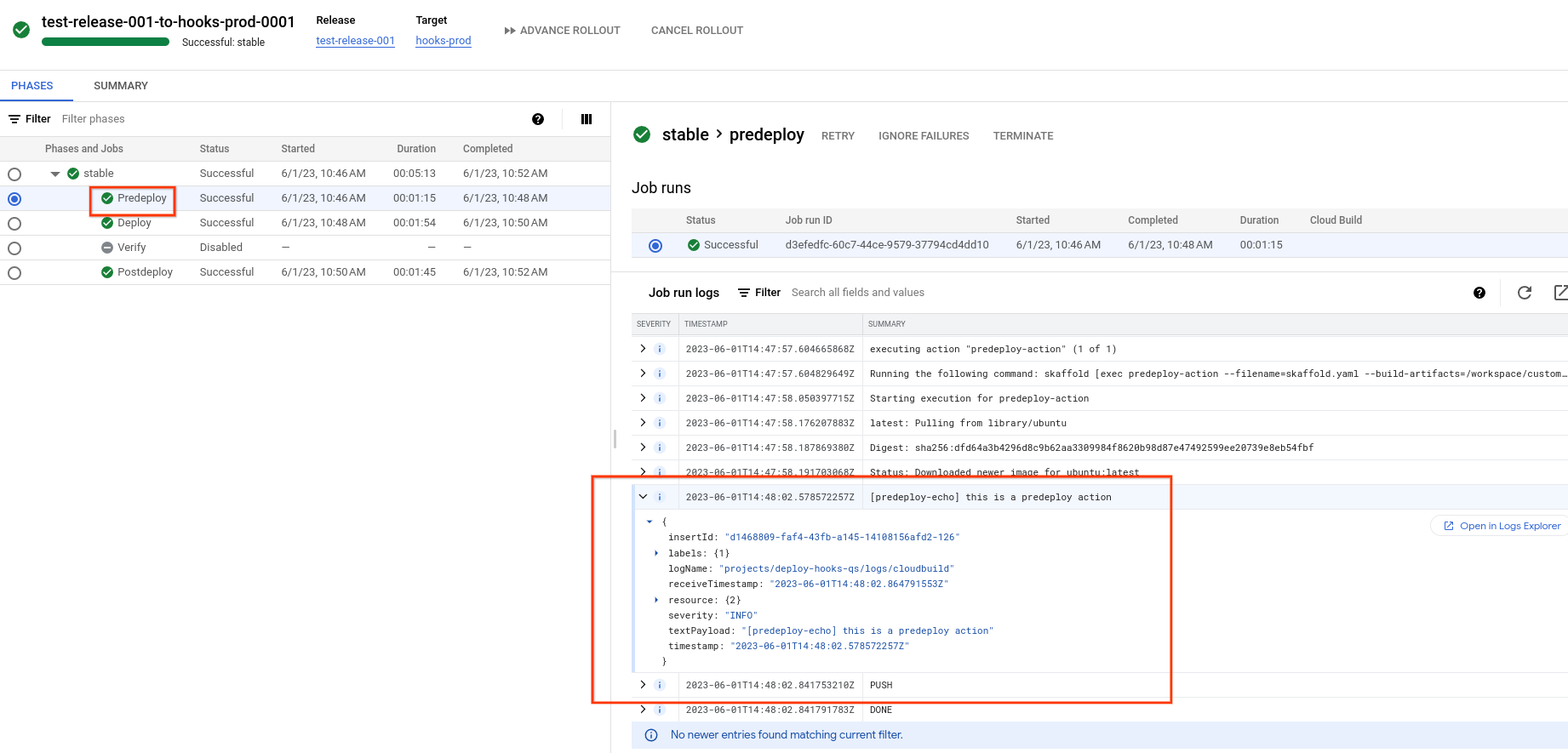 יומן ל-Predeploy job