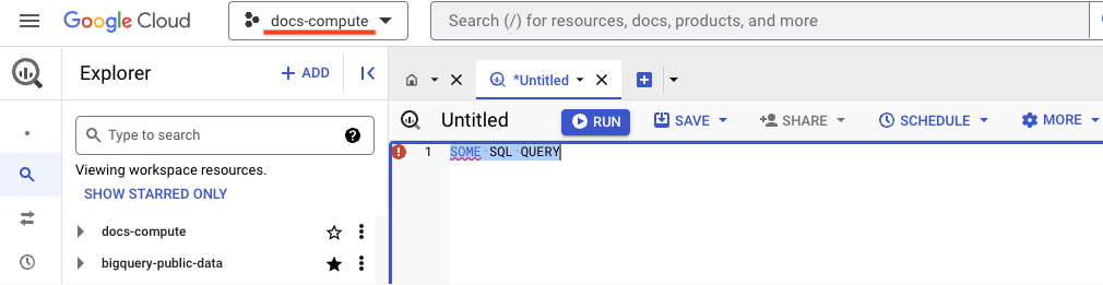 בממשק המשתמש של BigQuery מוצג פרויקט חישוב שנקרא docs-compute בדף שבו מריצים שאילתות SQL.