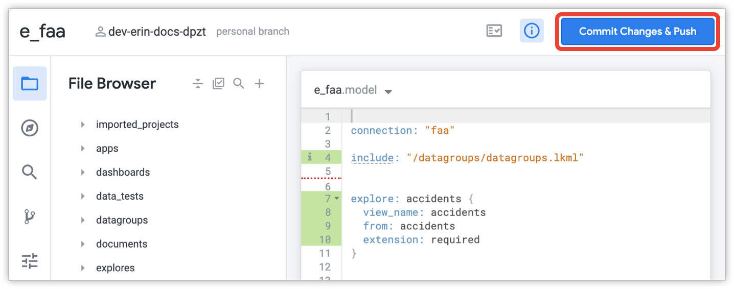 Pulsante Git che mostra l'opzione Commit Changes & Push (Esegui commit delle modifiche e push)