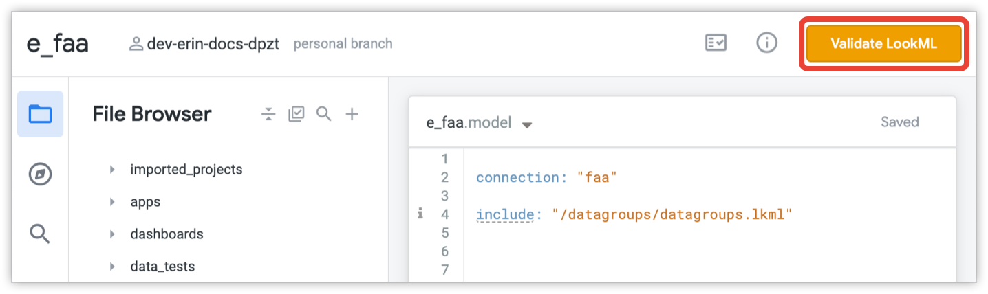 לחצן Git עם האפשרות Validate LookML (אימות LookML)