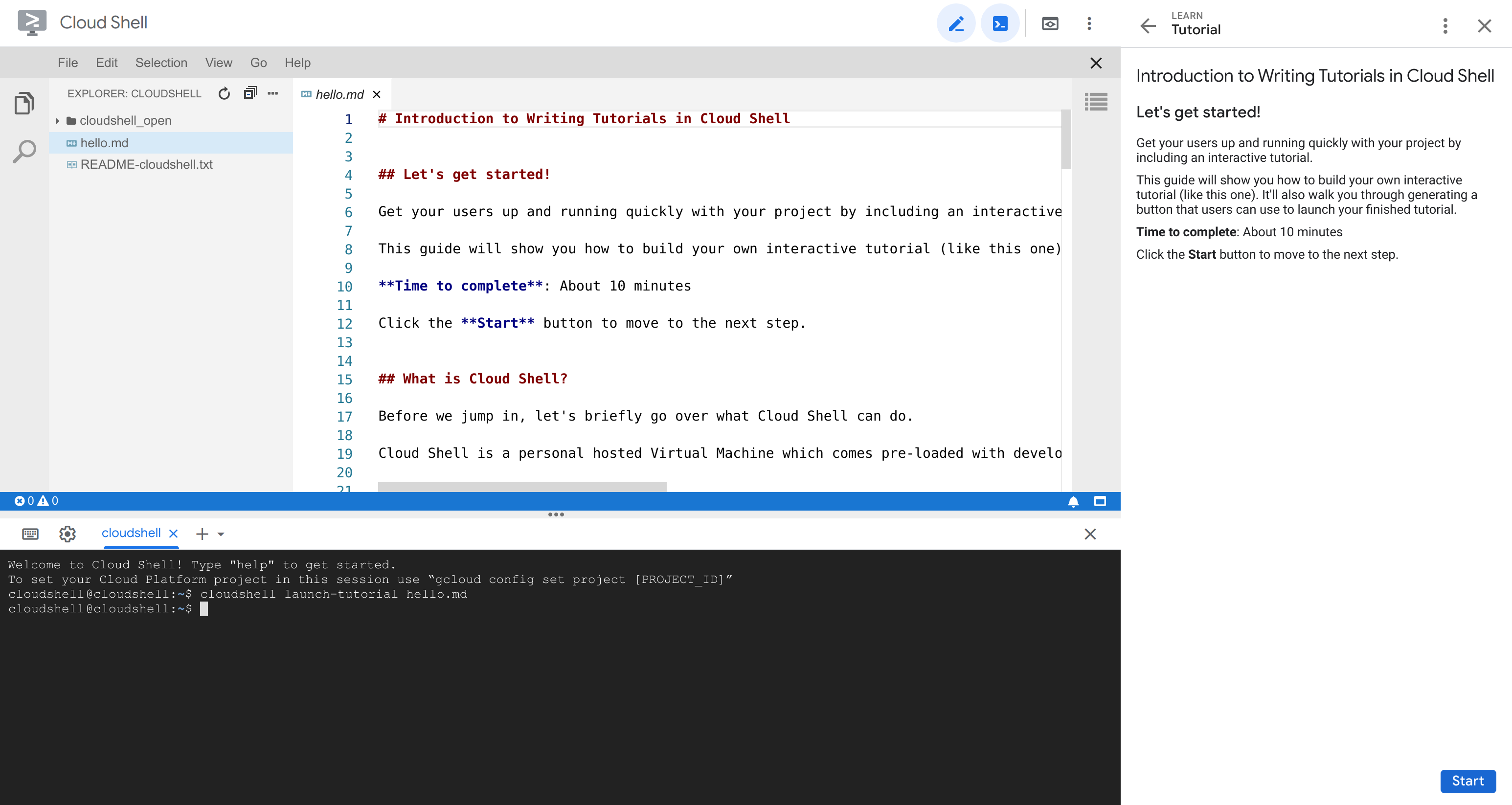 Tutoriel s'exécutant dans Cloud Shell