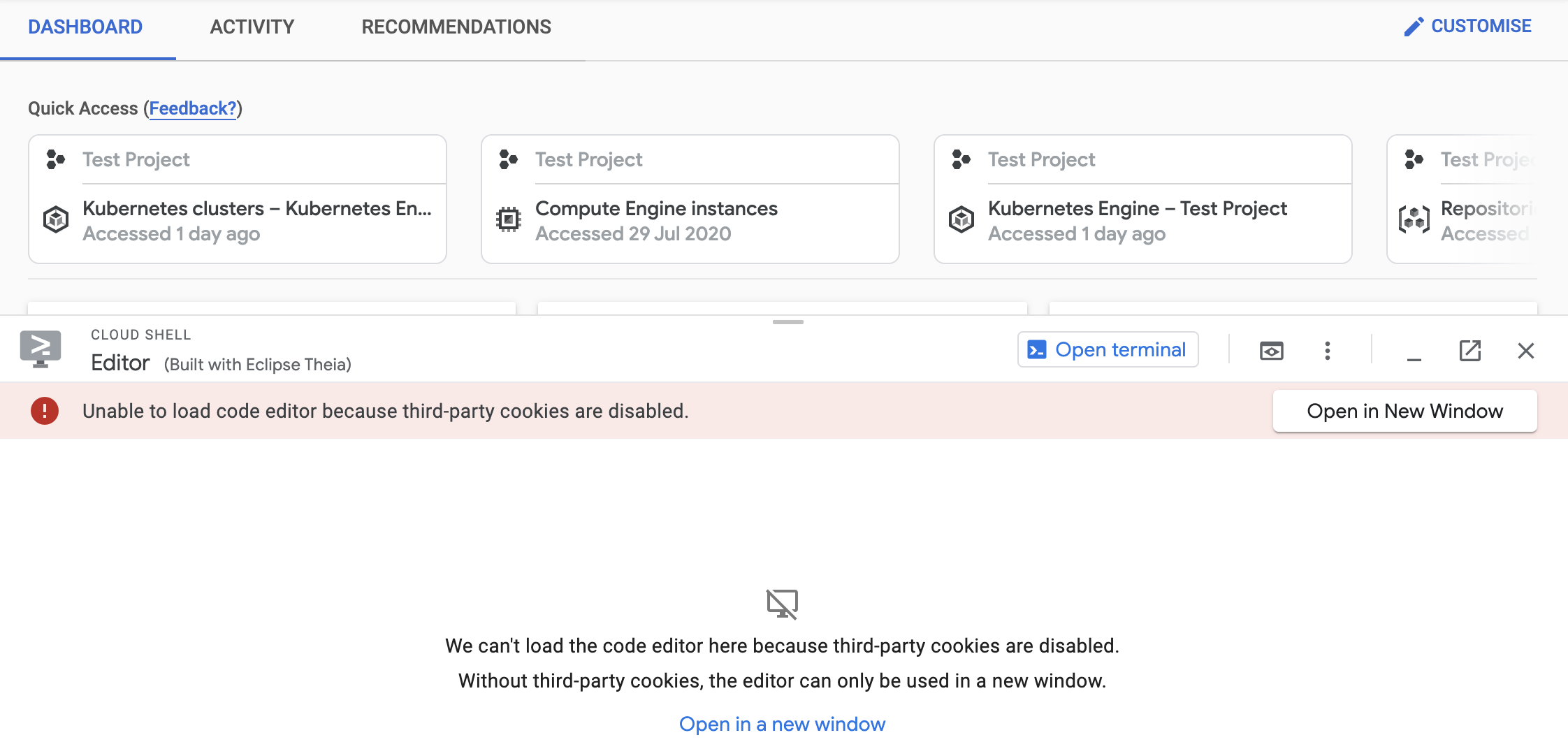 Il riquadro Editor spiega che l'editor di codice non è stato caricato a causa del blocco dei cookie di terze parti e contiene un link per aprire l'editor in una nuova finestra
