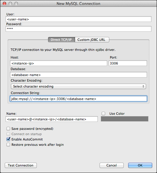תיבת הדו-שיח Create New Connection (יצירת חיבור חדש) ב-Toad for Mac.