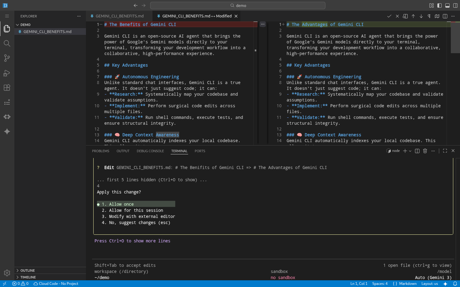 השוואה בין גרסאות של Gemini CLI ב-Code OSS ל-Cloud Workstations.