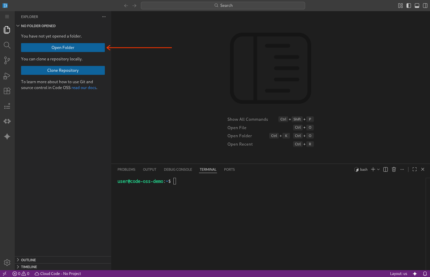 Abra uma pasta ou um espaço de trabalho no Code OSS para Cloud Workstations.