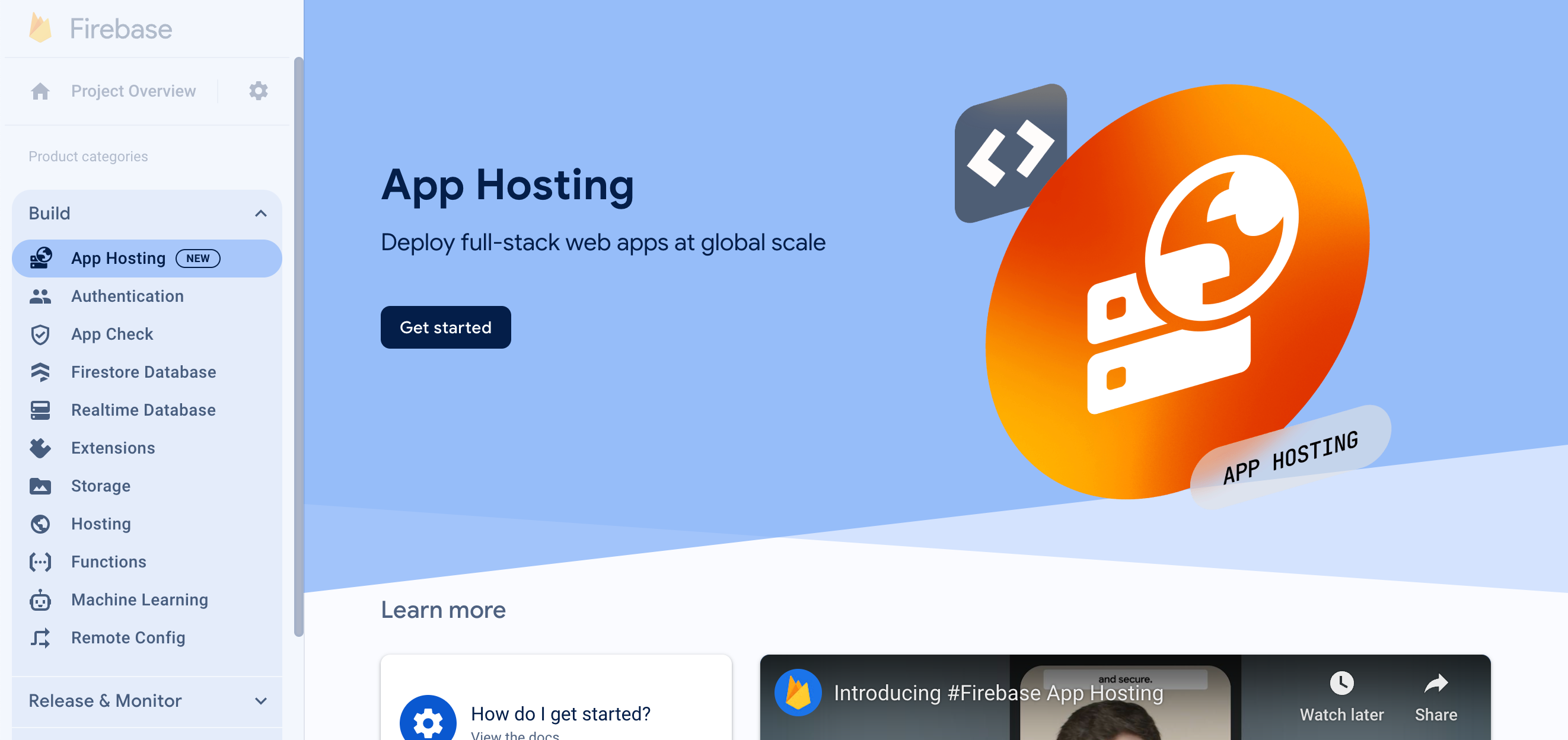 وضعیت صفر کنسول App Hosting، با دکمه «شروع به کار»