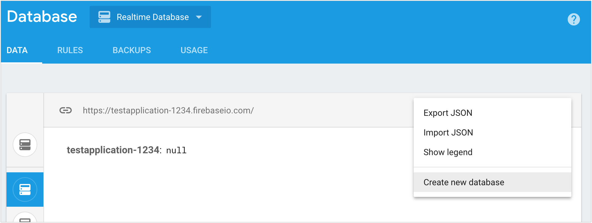 یک پایگاه داده در کنسول Firebase با منوی زمینه در بخش پایگاه‌های داده ایجاد کنید