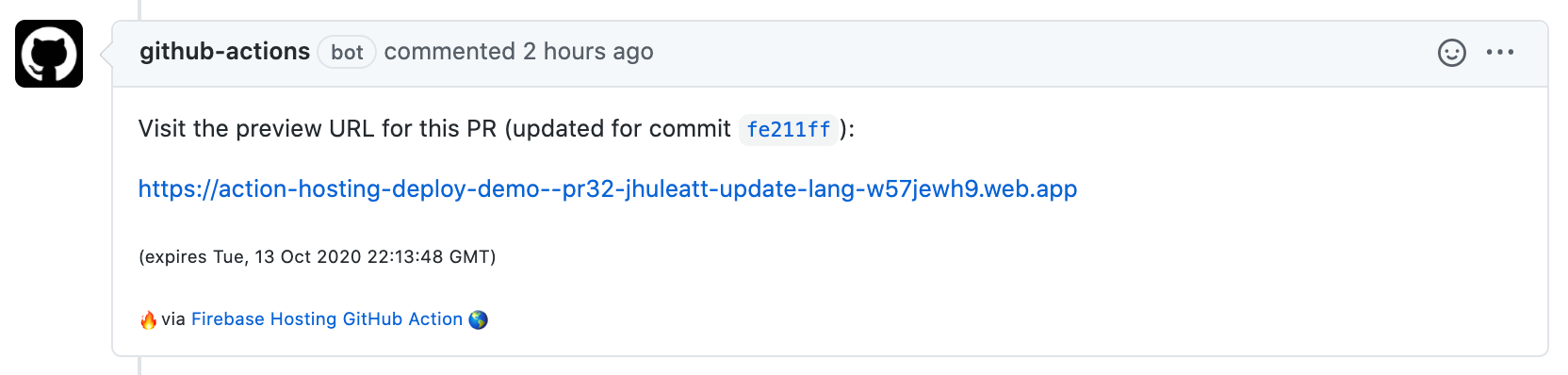 تصویر کامنت GitHub Action PR به همراه پیشنمایش URL
