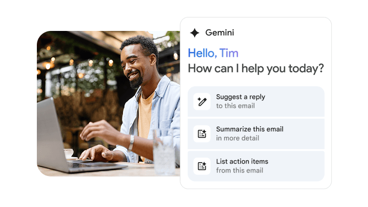 Um homem chamado Tim usando o Gemini no Gmail para ajudar nas tarefas. 