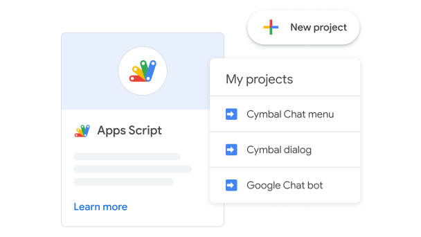 Interface do Apps Script mostrando "Novo projeto" e uma lista de três projetos em "Meus projetos".