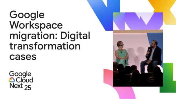 Botão de reprodução do YouTube sobreposto a uma gravação de vídeo sobre a migração para o Google Workspace no Google Cloud Next 25
