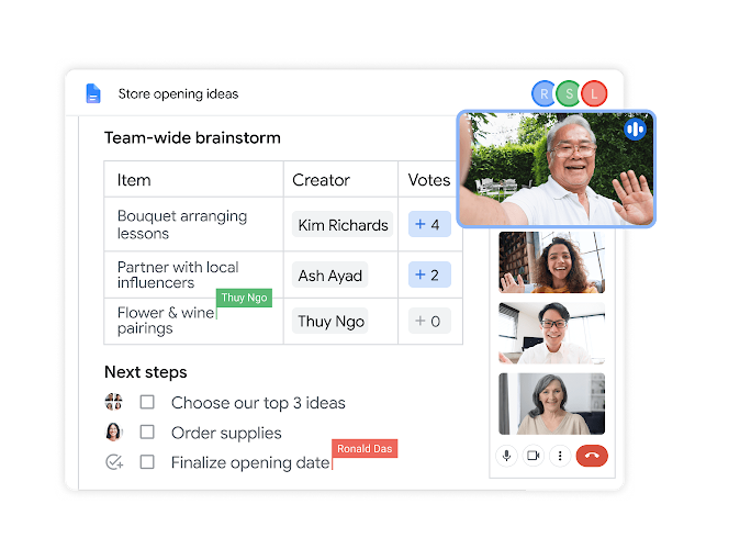 Google Docs layered with comments and live meeting features.