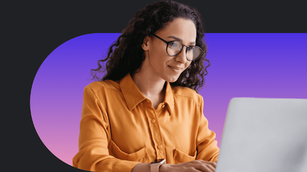 A woman smiling while working on a laptop, set against a dark background with a purple and pink side arch graphic.