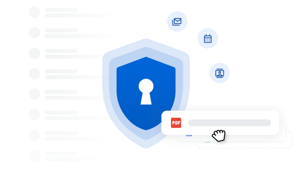 Imagem de um escudo azul de segurança com ícones de e-mail, imagens e calendário flutuando ao redor. Um cursor arrasta o ícone de um documento PDF.