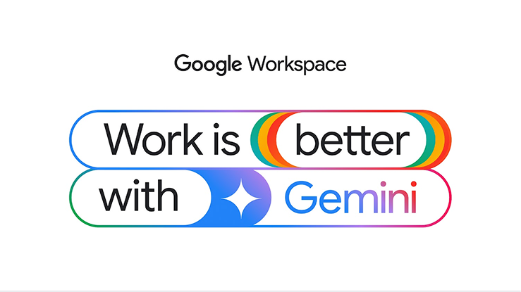 Text in the center reads: "Google Workspace" and "Work is better with Gemini" in colorful, rounded banners.