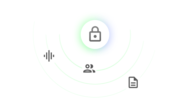 A padlock icon surrounded by different user and file type icons