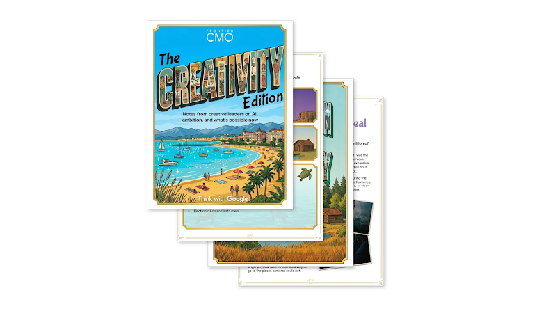 Cover of The Creativity Edition: creative leaders on AI and ambition from Frontier CMO. The title is styled like a vintage travel postcard, with creative people illustrated within the letters, above a beach resort and sailboats.