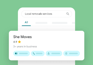 Profile highlight shows years in business and rating from reviews.