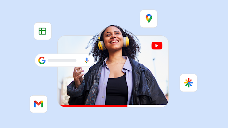 Anúncio em vídeo de fone de ouvido cercado por vários ícones de produtos do Google para representar o alcance da Performance Max.