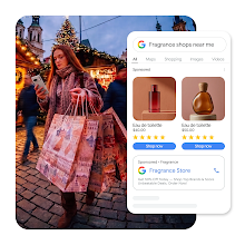 A digital graphic of a woman using her smartphone while carrying shopping bags at a Christmas market, overlaid with a mobile Google Search interface displaying sponsored perfume products and a local store ad for the query "Fragrance shops near me."