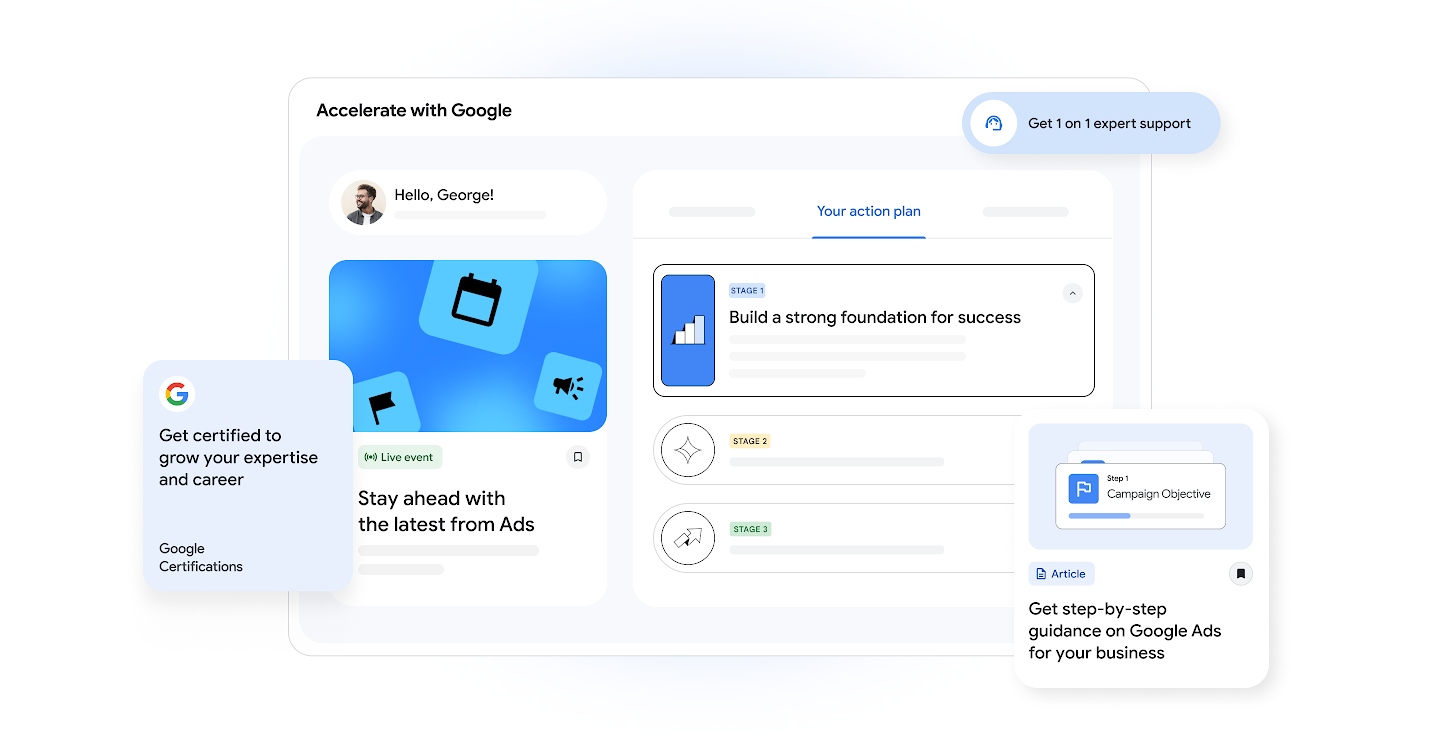 UI of the dashboard showing events, certifications, expert support, and steps in a personalized action plan.