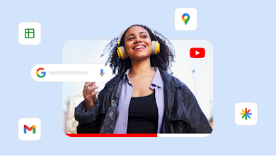 An earphone video ad surrounded by various Google product icons to represent the reach of Performance Max.