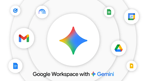 A white background with the multi-colored Gemini spark icon in the middle, surrounded by icons for Gmail, Gemini Notebook, and Google Docs, Tasks, Sheets, Calendar, Drive and Keep.