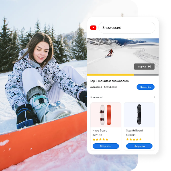 A YouTube search for “snowboard” with a video ad and sponsored products beneath.