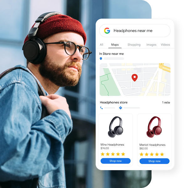 A Google Maps search for “headphones near me” with a map pin and sponsored products beneath.